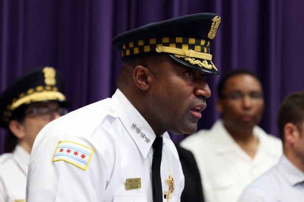 Chicago Police Superintendent Larry Snelling announces during a news conference at Public Safety Headquarters on Monday, June 24, 2024, that a teen has been charged as an adult in the killing of retired Chicago police Officer Larry Neuman. (Terrence Antonio James/Chicago Tribune)