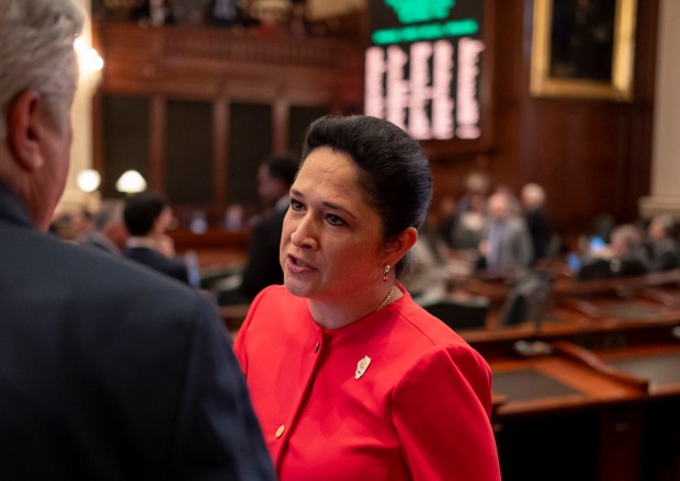 Illinois State Comptroller Susana Mendoza greets lawmakers before Gov. J.B. Pritzker delivered his State of the State and budget address in front of the General Assembly at the Illinois State Capitol on Feb. 21, 2024. (Brian Cassella/Chicago Tribune)