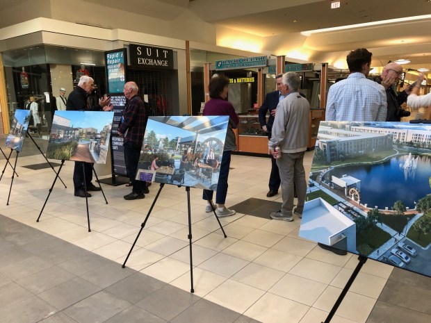 Easels displaying renderings of what the Golf Mill Shopping Center could look like after renovations are completed. The public had a chance to see them at a June 10, 2024 Open House hosted by the Village of Niles and Sterling Organization, Golf Mill's developer and owner. (Credit: Pam DeFiglio)