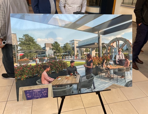 A rendering of a café near the water feature at the Golf Mill Shopping Center. The village of Niles and Sterling Organization, the owner of Golf Mill hosted an Open House of the upcoming renovations at the mall on June 10, 2024. (Credit: Richard Requena)