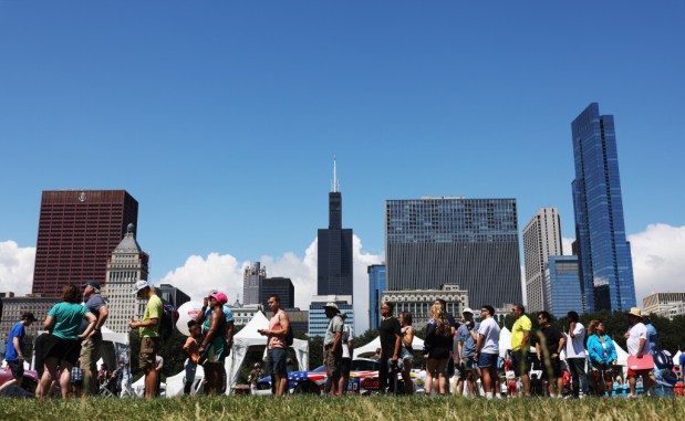 Fans stand in line for the box office before the NASCAR Xfinity Series race Saturday, July 6, 2024, in Chicago. (John J. Kim/Chicago Tribune)