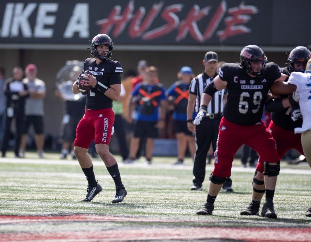 Northern Illinois quarterback Ethan Hampton looks for an open receiver against Tulsa during a nonconference game at Huskie Stadium in DeKalb on Saturday, Sept. 10, 2022. (NIU photo)