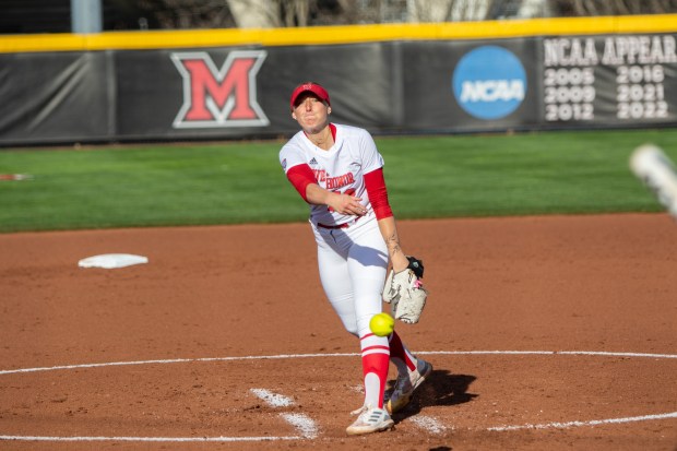 Madi Reeves, a Yorkville product, throws a pitch as a freshman for the Miami of Ohio. Photo provided by Miami of Ohio athletics