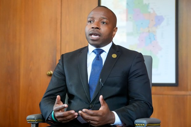 Milwaukee Mayor Cavalier Johnson talks about the Republican National Convention coming to Milwaukee in his office Monday, July 1, 2024, in Milwaukee. (AP Photo/Morry Gash)