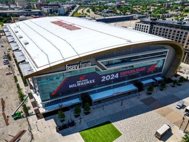 The Fiserv Forum stands, June 27, 2024, in Milwaukee. The Wisconsin city is scheduled to host the 2024 Republican National Convention. A federal judge ruled Monday, July 9, 2024 that protesters can't march through a security zone at the Republican National Convention, handing a defeat to liberals who had pushed to have closer access to where delegates will be gathering.