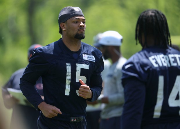 Bears wide receiver Rome Odunze works out May 23, 2024, during OTAs at Halas Hall. (Brian Cassella/Chicago Tribune)