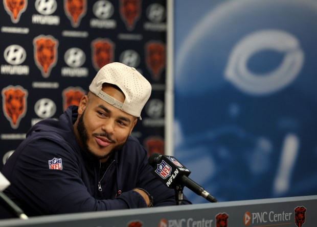 Chicago Bears linebacker T.J. Edwards speaks with the media during a press conference at Halas Hall on July 19, 2024, in Lake Forest.  (Stacey Wescott/Chicago Tribune)