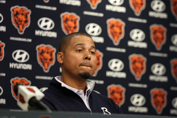 Chicago Bears general manager Ryan Poles listens to a question asked by the media at Halas Hall on July 19, 2024, in Lake Forest. (Stacey Wescott/Chicago Tribune)