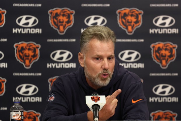 Chicago Bears head coach Matt Eberflus answers a questions during a press conference with the media at Halas Hall on July 19, 2024, in Lake Forest. (Stacey Wescott/Chicago Tribune)