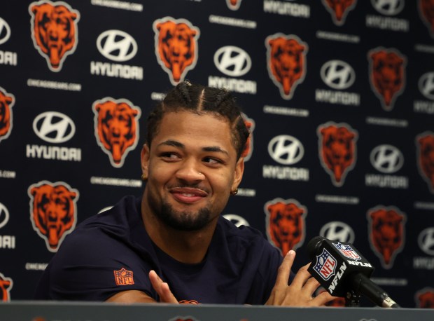 Chicago Bears wide receiver Rome Odunze speaks with the media at Halas Hall on July 19, 2024, in Lake Forest.  (Stacey Wescott/Chicago Tribune)