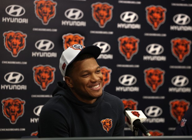 Bears wide receiver DJ Moore speaks with the media during a press conference at Halas Hall on July 19, 2024. (Stacey Wescott/Chicago Tribune)