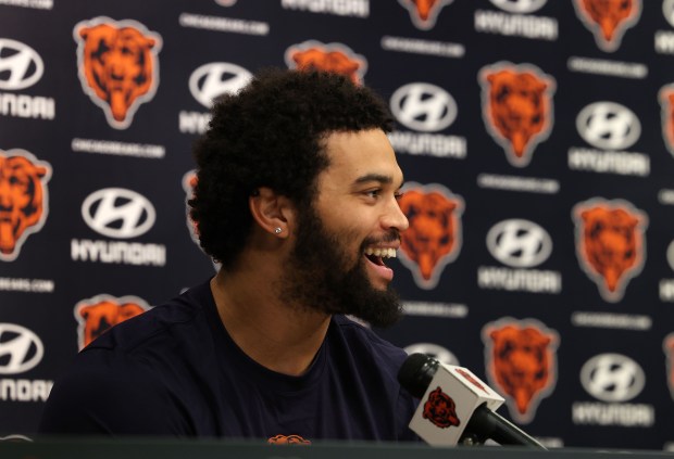 Bears quarterback Caleb Williams speaks with the media at Halas Hall on July 19, 2024, in Lake Forest.  (Stacey Wescott/Chicago Tribune)