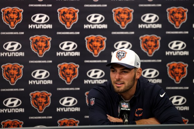 Bears tight end Cole Kmet speaks with the media during a news conference at Halas Hall on Friday, July 19, 2024. (Stacey Wescott/Chicago Tribune)