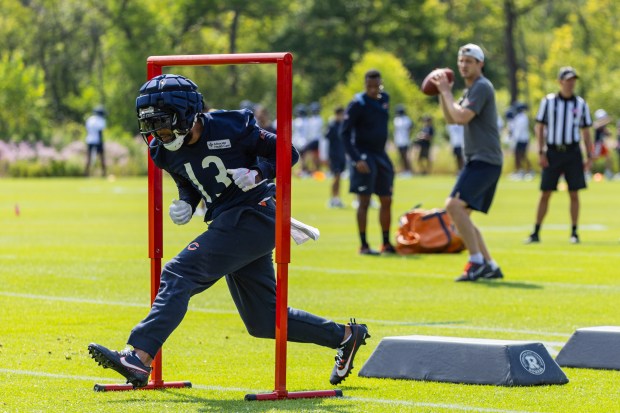 Bears wide receiver Keenan Allen runs drills during training camp at Halas Hall on July 20, 2024. (Tess Crowley/Chicago Tribune)