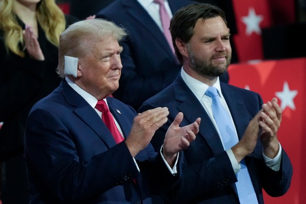 Republican presidential candidate former President Donald Trump and Republican vice presidential candidate Sen. JD Vance, R-Ohio, appear during the Republican National Convention on July 15, 2024, in Milwaukee. (Charles Rex Arbogast/AP)