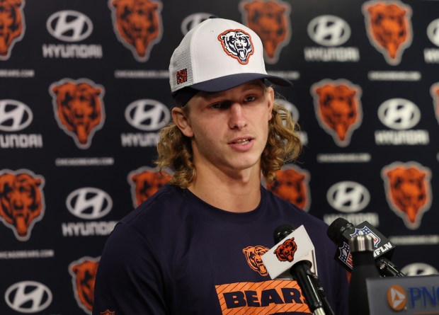 Chicago Bears quarterback Tyson Bagent speaks with the media following practice on July 26, 2024, in Lake Forest. (Stacey Wescott/Chicago Tribune)