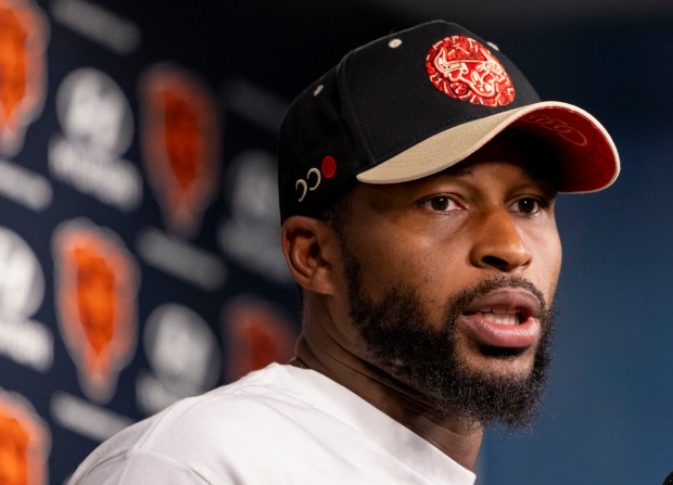 Chicago Bears cornerback Kevin Byard III speaks Thursday, May 23, 2024, during OTAs at Halas Hall. (Brian Cassella/Chicago Tribune)