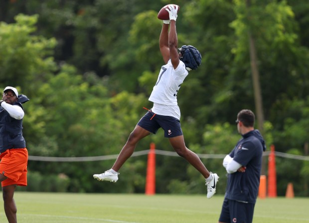 Chicago Bears defensive back Leon Jones (37) catches a ball during training camp at Halas Hall on July 22, 2024, in Lake Forest. (Stacey Wescott/Chicago Tribune)