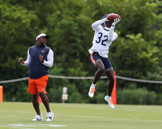 Bears cornerback Terell Smith (32) catches a ball during training camp at Halas Hall on July 22, 2024, in Lake Forest. (Stacey Wescott/Chicago Tribune)