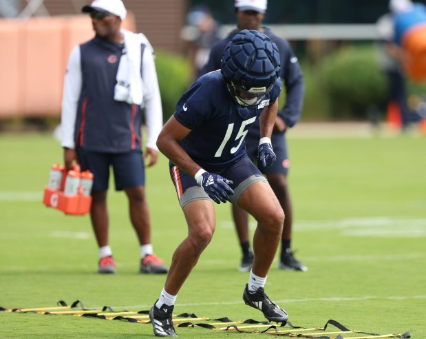 Bears wide receiver Rome Odunze (15) runs through drills during training camp at Halas Hall on July 22, 2024, in Lake Forest. (Stacey Wescott/Chicago Tribune)