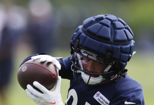 Bears wide receiver Dante Pettis (81) runs through drills during training camp at Halas Hall on July 22, 2024, in Lake Forest. (Stacey Wescott/Chicago Tribune)