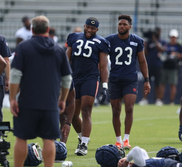 Bears fullback Khari Blasingame (35) and running back Roschon Johnson (23) during training camp at Halas Hall on July 22, 2024, in Lake Forest. (Stacey Wescott/Chicago Tribune)