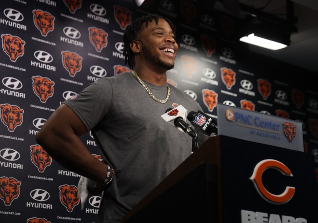 Chicago Bears defensive end DeMarcus Walker (95) speaks with the media during training camp at Halas Hall on July 22, 2024, in Lake Forest. (Stacey Wescott/Chicago Tribune)