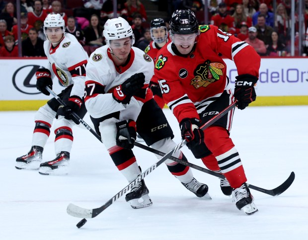 Blackhawks right wing Joey Anderson tries to make a move against the Senators on Feb. 17, 2024, at the United Center. (Chris Sweda/Chicago Tribune)