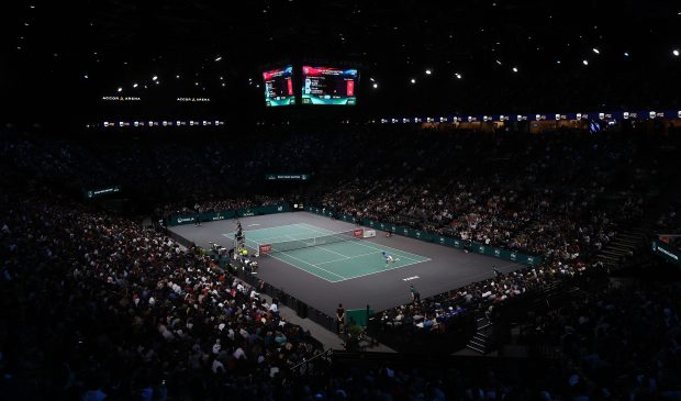 A general view of Holger Rune or Denmark playing against Novak Djokovic of Serbia in the final during Day Seven of the Rolex Paris Masters tennis at Palais Omnisports de Bercy on Nov. 6, 2022 in Paris, France. (Julian Finney/Getty Images)