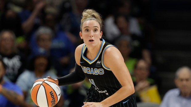 Chicago Sky guard Marina Mabrey during a game against the Dallas Wings on May 15, 2024, in Arlington, Texas. (AP Photo/Brandon Wade)