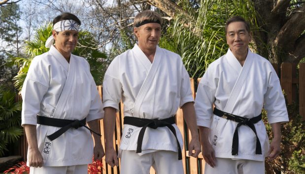 From left: Ralph Macchio as Daniel LaRusso, William Zabka as Johnny Lawrence and Yuji Okumoto as Chozen in Season 6 of "Cobra Kai." (Curtis Bonds Baker/Netflix)