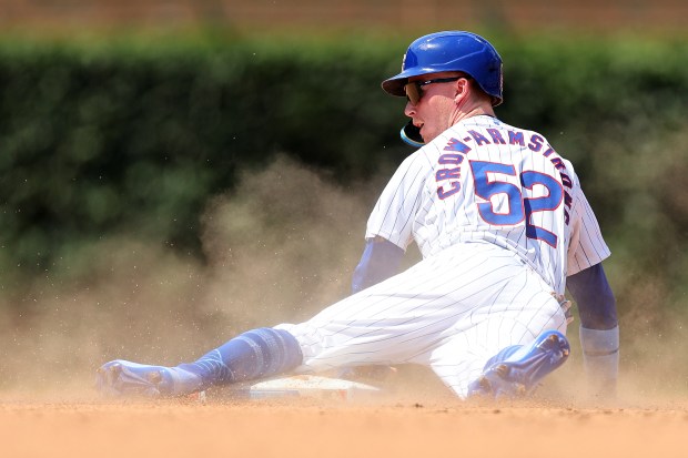 Pete Crow-Armstrong of the Cubs steals second base against the Cardinals on June 16, 2024, at Wrigley Field. (Michael Reaves/Getty Images)