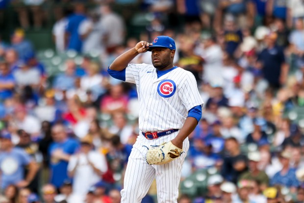 Cubs reliever Héctor Neris reacts after giving up the go-ahead run in the ninth inning against the Brewers on July 24, 2024, at Wrigley Field. The Cubs lost 3-2. (Eileen T. Meslar/Chicago Tribune)