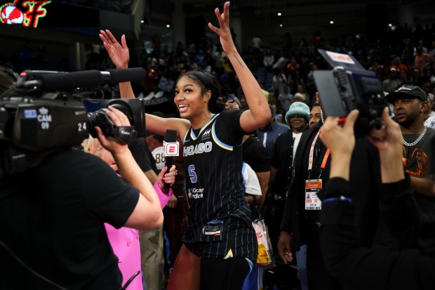 Chicago Sky forward Angel Reese (5) is interviewed by Holly Rowe after defeating the Indiana Fever 88-87 at Wintrust Arena on June 23, 2024. (Eileen T. Meslar/Chicago Tribune)