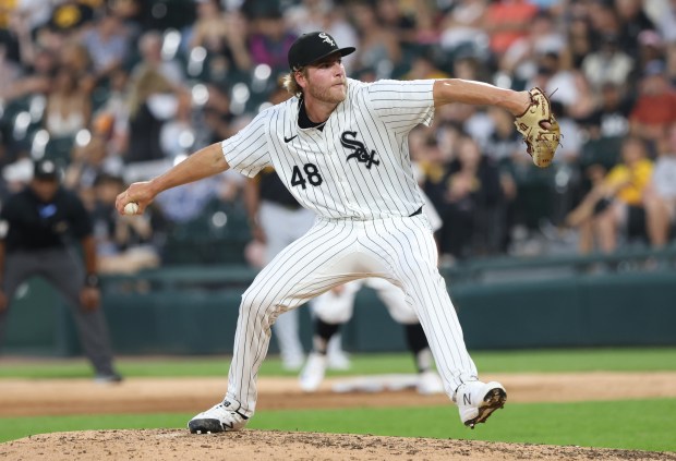 White Sox pitcher Jonathan Cannon throws in the sixth inning against the Pirates at Guaranteed Rate Field on July 12, 2024, in Chicago. (John J. Kim/Chicago Tribune)