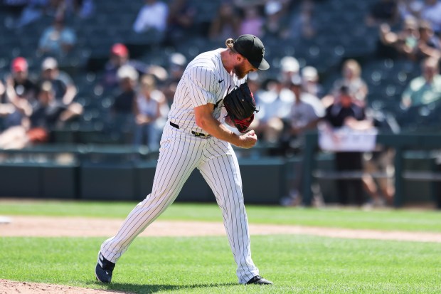 Chicago White Sox pitcher Michael Kopech (34) celebrates after striking out the side in the ninth inning to defeat the Minnesota Twins at Guaranteed Rate Field on July 10, 2024. (Eileen T. Meslar/Chicago Tribune)