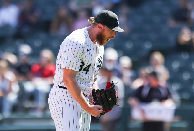 Chicago White Sox pitcher Michael Kopech (34) celebrates after striking out the side in the ninth inning to defeat the Minnesota Twins at Guaranteed Rate Field on July 10, 2024. (Eileen T. Meslar/Chicago Tribune)