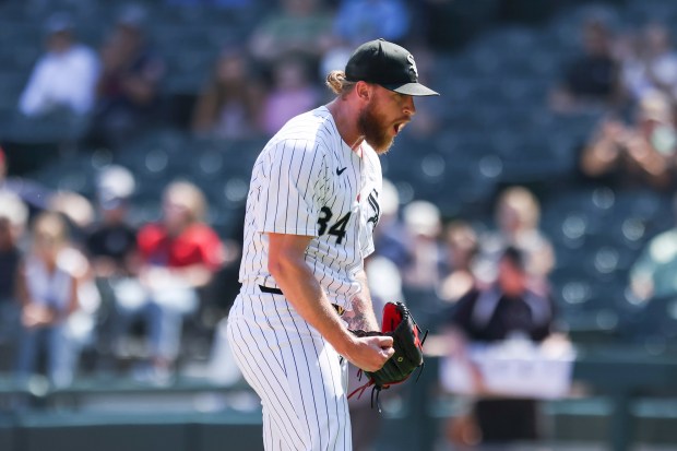 Chicago White Sox pitcher Michael Kopech (34) celebrates after striking out the side in the ninth inning to defeat the Minnesota Twins at Guaranteed Rate Field on July 10, 2024. (Eileen T. Meslar/Chicago Tribune)