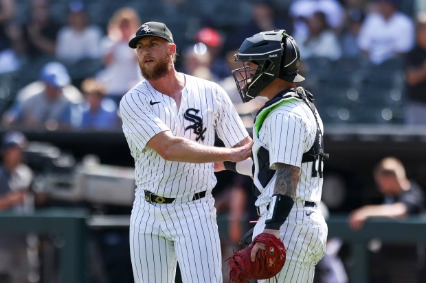 White Sox closer Michael Kopech, left, and catcher Korey Lee celebrate after a 3-1 victory against the Twins on July 10, 2024, at Guaranteed Rate Field. (Eileen T. Meslar/Chicago Tribune)