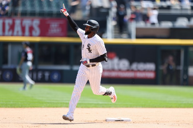 Chicago White Sox outfielder Luis Robert Jr. (88) celebrates after hitting a two-run home run during the sixth inning against the Minnesota Twins at Guaranteed Rate Field on July 10, 2024. (Eileen T. Meslar/Chicago Tribune)