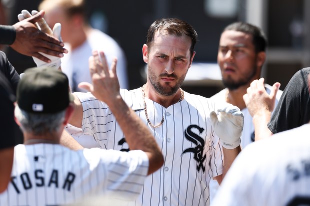 Chicago White Sox shortstop Paul DeJong (29) gets high-fives from teammates after hitting an RBI during the fifth inning against the Minnesota Twins at Guaranteed Rate Field on July 10, 2024. (Eileen T. Meslar/Chicago Tribune)