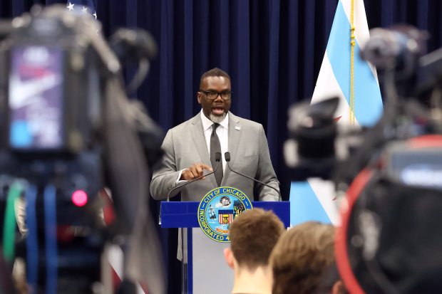 Chicago Mayor Brandon Johnson speaks at City Hall on July 17, 2024. (Terrence Antonio James/Chicago Tribune)