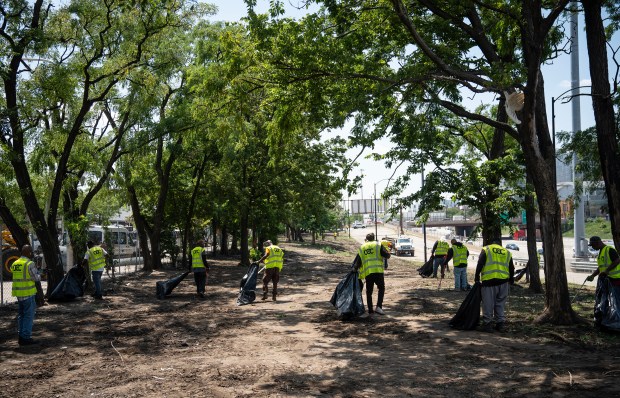 Crews clear the homeless encampment near the Dan Ryan Expressway at Roosevelt Road and South Desplaines Street on July 17, 2024, as the Democratic National Convention nears. The camp has been home to unhoused Chicagoans for at least four decades. (E. Jason Wambsgans/Chicago Tribune)