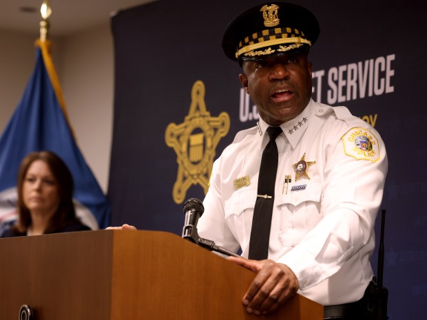 Chicago Police Superintendent Larry Snelling joined by U.S. Secret Service Director Kimberly Cheatle, discuss security planning and preparations for the upcoming Democratic National Convention in Chicago, during a press conference at the Secret Service's Chicago field office on June 4, 2024. (Antonio Perez/Chicago Tribune)