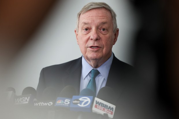 Sen. Dick Durbin speaks about President Joe Biden dropping out of the presidential race and his endorsement of Vice President Kamala Harris as the Democratic nominee after meeting with Latinos Progresando in the Little Village neighborhood on July 22, 2024. (Eileen T. Meslar/Chicago Tribune)