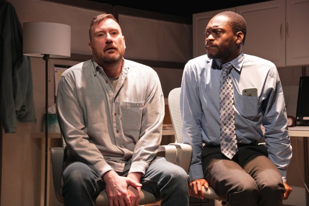 Nate Faust and Debo Balogun in "A Case for the Existence of God" by Steep Theatre Co. at the Edge Off Broadway in Chicago. (Joseph Chretien-Golden)