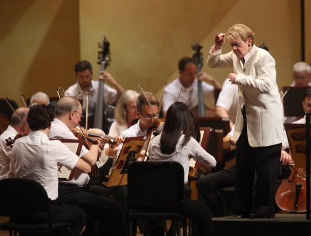 Marin Alsop conducts the Chicago Symphony Orchestra as they preform Beethoven's Symphony No. 5 in C minor during night two of the Chicago Symphony Orchestra's residency at Ravinia Festival in Highland Park on July 13, 2024. (Trent Sprague/for the Chicago Tribune)