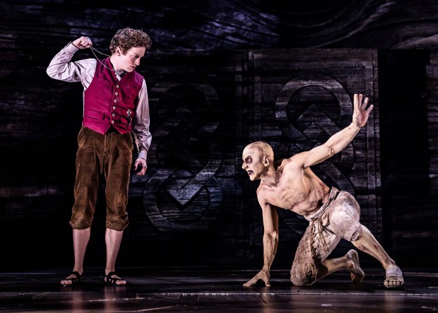 Spencer Davis Milford as Frodo and Tony Bozzuto as Gollum in "The Lord of the Rings - A Musical Tale" at Chicago Shakespeare Theater. (Liz Lauren)