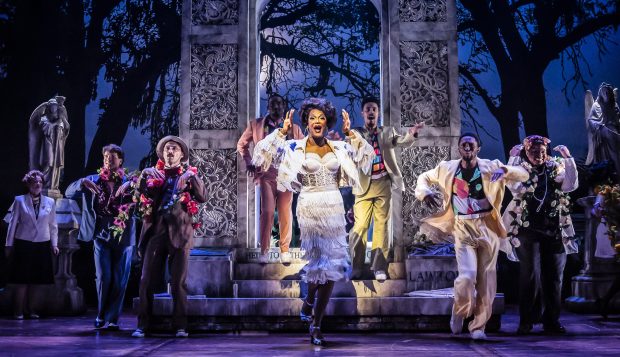 Mary Ernster, Christopher Kelley, Sean Donovan, Andre Malcolm, J. Harrison Ghee, DeMarius R. Copes, Jarvis B. Manning Jr. and Wes Olivier in "Midnight in the Garden of Good and Evil" at the Goodman Theatre. (Liz Lauren)