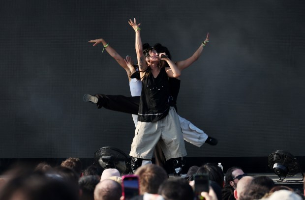 Yaeji, center, performs during Pitchfork Music Festival at Union Park Friday, July 19, 2024, in Chicago. (John J. Kim/Chicago Tribune)